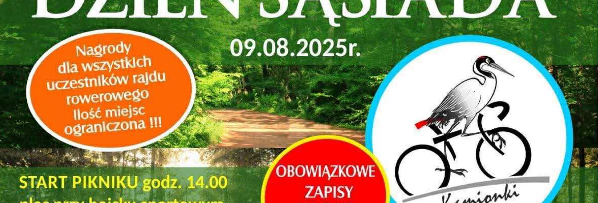 Plakat zapraszający w sobotę 9 sierpnia 2025 r. do miejscowości Kamionki k. Giżycka na kolejną edycję wakacyjnej imprezy Dzień Sąsiada – piknik rekreacyjny i rajd rowerowy Kamionki k. Giżycka 2025.
