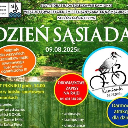 Plakat zapraszający w sobotę 9 sierpnia 2025 r. do miejscowości Kamionki k. Giżycka na kolejną edycję wakacyjnej imprezy Dzień Sąsiada – piknik rekreacyjny i rajd rowerowy Kamionki k. Giżycka 2025.
