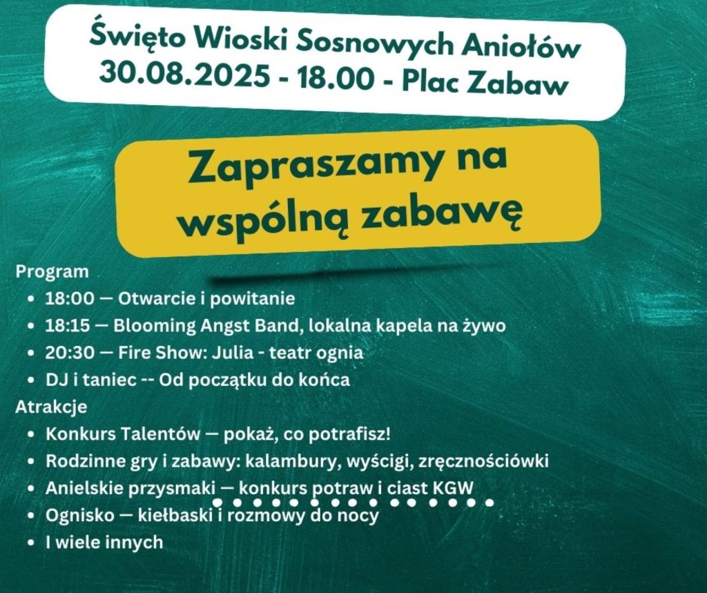 Plakat zapraszający w sobotę 30 sierpnia 2025 r. do miejscowości Kaplityny w gminie Barczewo na Święto Wioski Sosnowych Aniołów Kaplityny 2025.