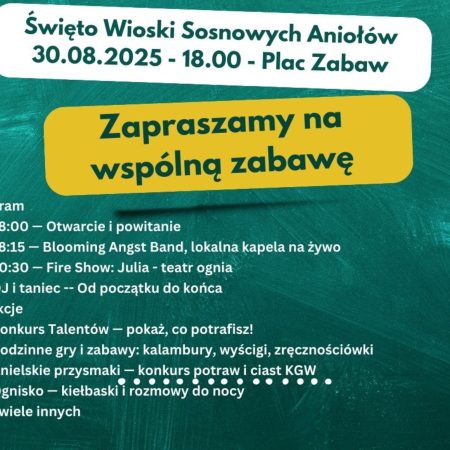 Plakat zapraszający w sobotę 30 sierpnia 2025 r. do miejscowości Kaplityny w gminie Barczewo na Święto Wioski Sosnowych Aniołów Kaplityny 2025.