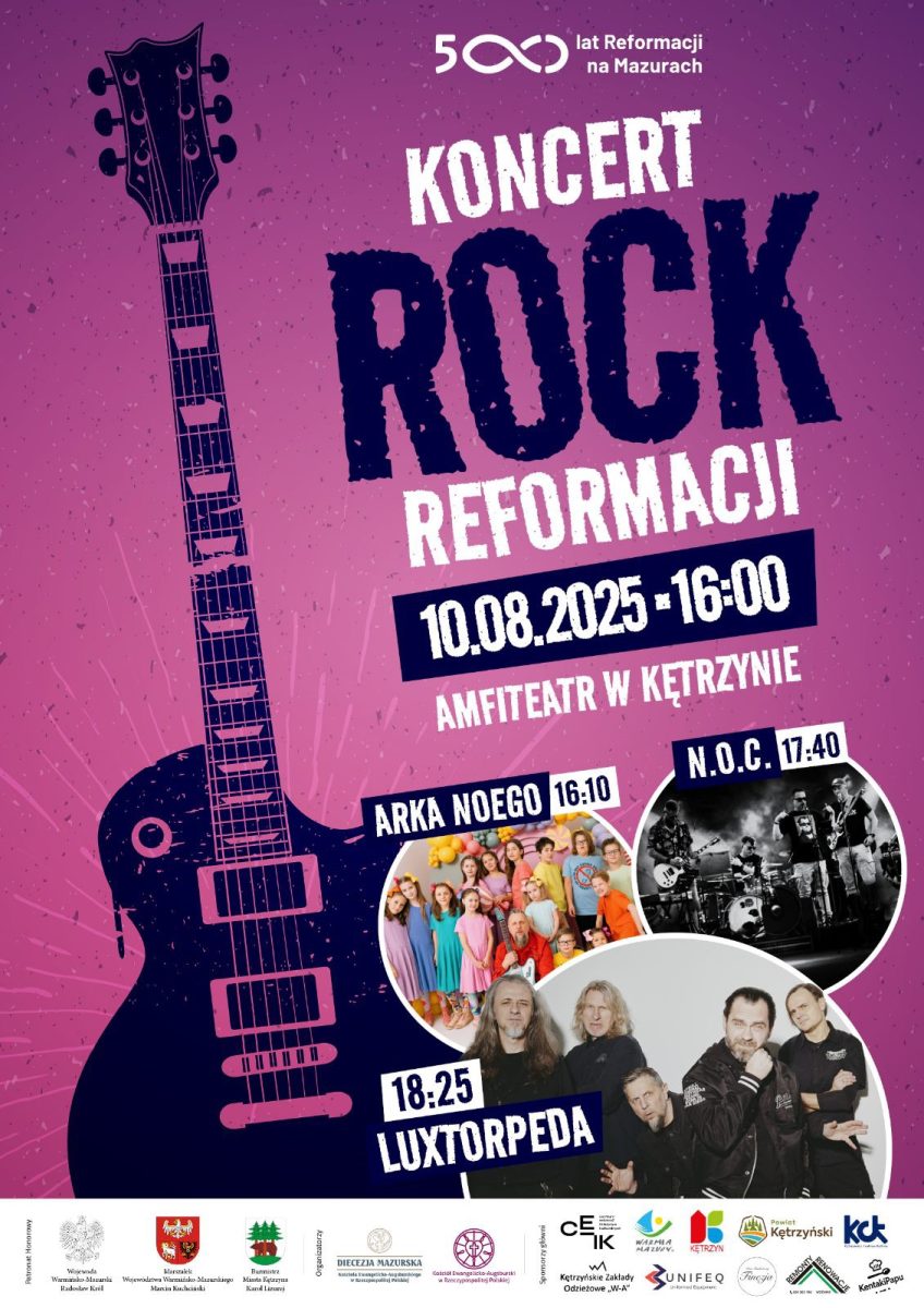 Plakat zapraszający w niedzielę 10 sierpnia 2025 r. do Kętrzyna na Koncert Rock Reformacji Kętrzyn 2025. 