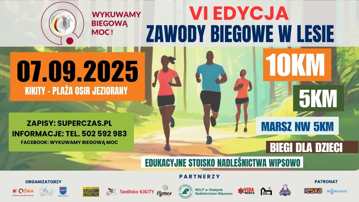 Plakat zapraszający w niedzielę 7 września 2025 r. do miejscowości Kikity w gminie Jeziorany na Biegi Wykuwamy biegową moc! Kikity k. Jezioran 2025.