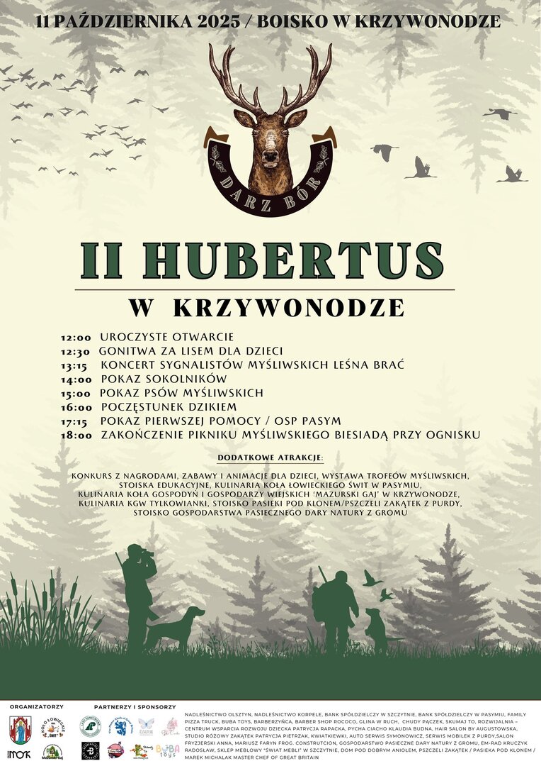 Plakat zapraszający w sobotę 11 października 2025 r. do miejscowości Krzywonoga w gminie Pasym na 2. edycję Obchodów Hubertusa Krzywonoga 2025.