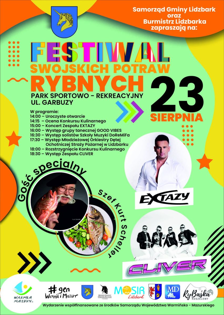 Plakat zapraszający w sobotę 23 sierpnia 2025 r. do Lidzbarka na Festiwal Swojskich Potraw Rybnych Lidzbark 2025.