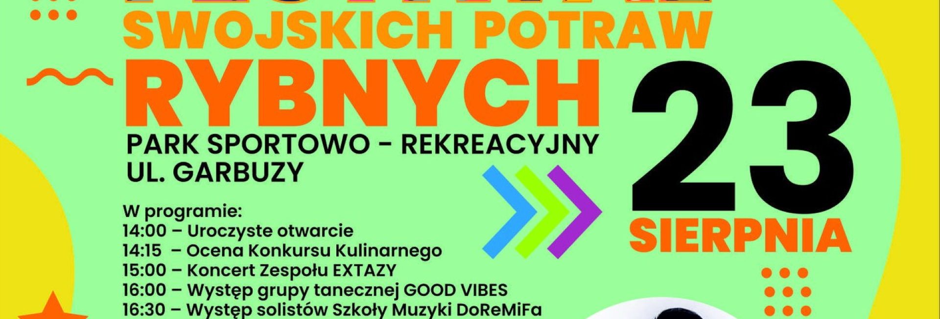 Plakat zapraszający w sobotę 23 sierpnia 2025 r. do Lidzbarka na Festiwal Swojskich Potraw Rybnych Lidzbark 2025.
