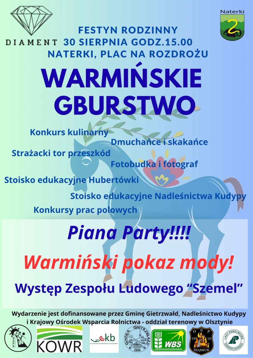 Plakat zapraszający w sobotę 30 sierpnia 2025 r. do miejscowości Naterki w gminie Gietrzwałd na Festyn Rodzinny "Warmińskie Gburstwo" Naterki 2025. 