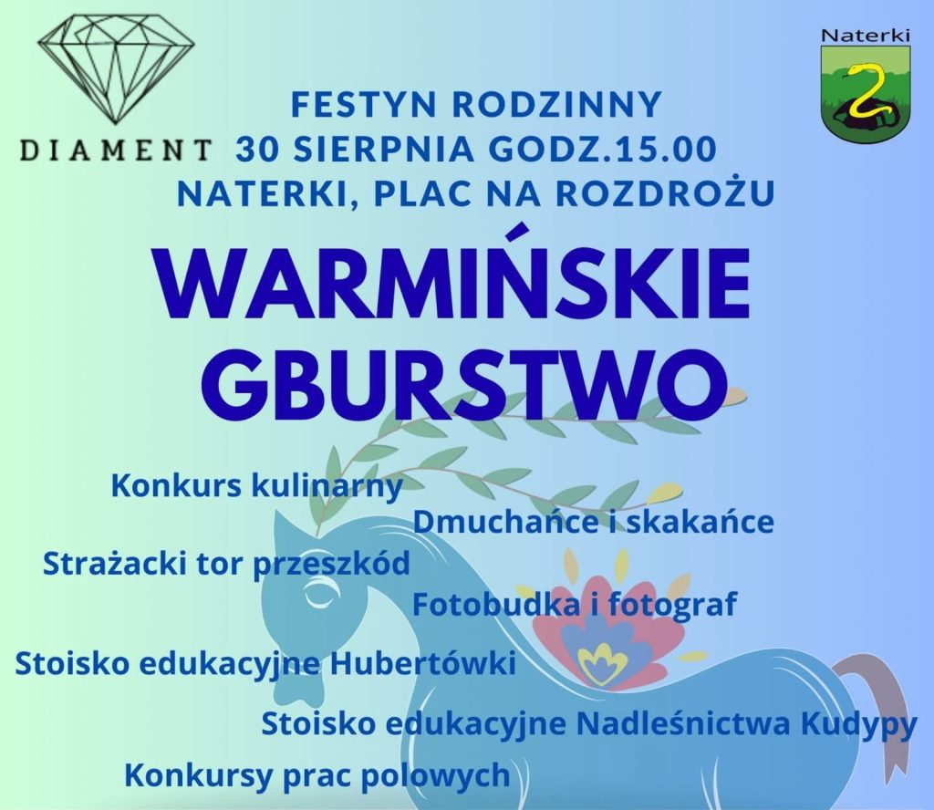 Plakat zapraszający w sobotę 30 sierpnia 2025 r. do miejscowości Naterki w gminie Gietrzwałd na Festyn Rodzinny "Warmińskie Gburstwo" Naterki 2025. 