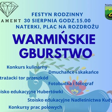 Plakat zapraszający w sobotę 30 sierpnia 2025 r. do miejscowości Naterki w gminie Gietrzwałd na Festyn Rodzinny "Warmińskie Gburstwo" Naterki 2025.