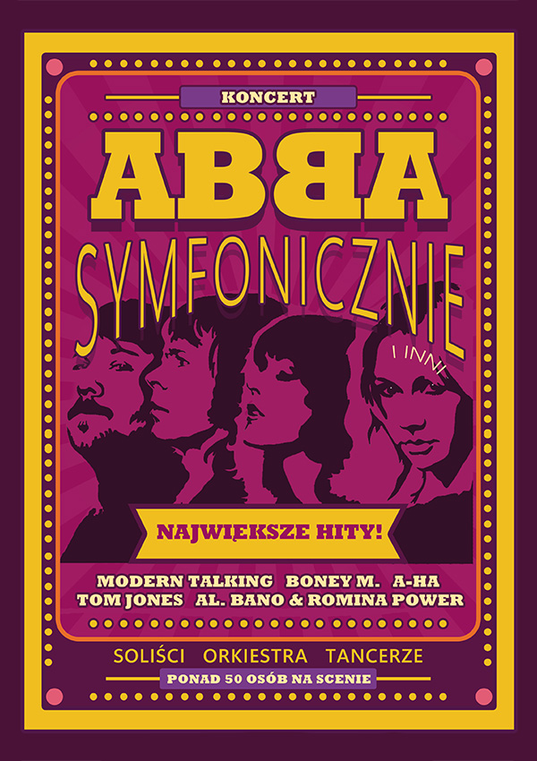 Plakat zapraszający we wtorek 14 października 2025 r. do Olsztyna na koncert "Abba i Inni – Symfonicznie II" Filharmonia Olsztyn 2025.