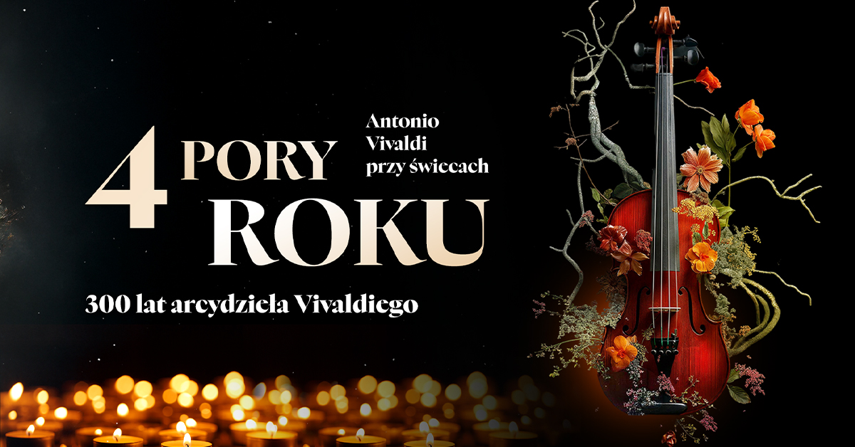 Plakat zapraszający w czwartek 20 listopada 2025 r. do Olsztyna na Koncert „Cztery pory roku” Antonio Vivaldi przy Świecach Filharmonia Olsztyn 2025. 