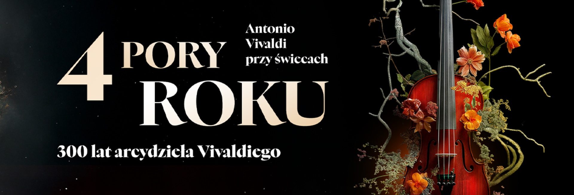 Plakat zapraszający w czwartek 20 listopada 2025 r. do Olsztyna na Koncert „Cztery pory roku” Antonio Vivaldi przy Świecach Filharmonia Olsztyn 2025. 