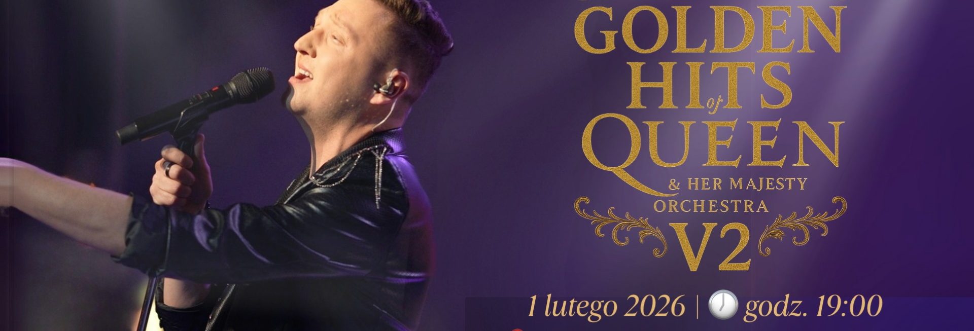 Plakat zapraszający w niedzielę 1 lutego 2026 r. do Olsztyna na Koncert „Golden Hits of Queen – V2” Filharmonia Olsztyn 2026. 