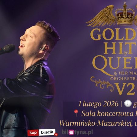 Plakat zapraszający w niedzielę 1 lutego 2026 r. do Olsztyna na Koncert „Golden Hits of Queen – V2” Filharmonia Olsztyn 2026. 