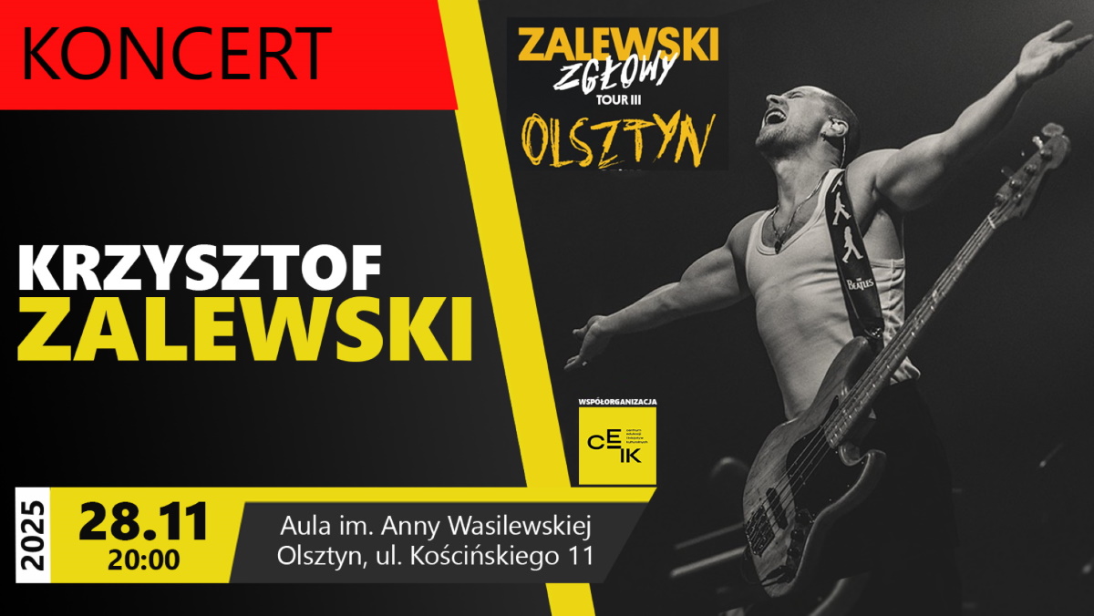 Plakat zapraszający w piątek 28 listopada 2025 r. do Olsztyna na koncert Krzysztofa Zalewskiego Olsztyn 2025.  