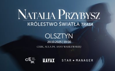 Plakat zapraszający w poniedziałek 20 października 2025 r. do Olsztyna na koncert Natalii Przybysz "Królestwo Światła" Olsztyn 2025.