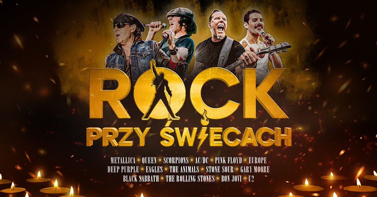 Plakat zapraszający w środę 15 października 2025 r. do Olsztyna na koncert "ROCK przy świecach" Filharmonia Olsztyn 2025.
