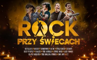 Plakat zapraszający w środę 15 października 2025 r. do Olsztyna na koncert "ROCK przy świecach" Filharmonia Olsztyn 2025.