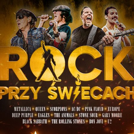 Plakat zapraszający w środę 15 października 2025 r. do Olsztyna na koncert "ROCK przy świecach" Filharmonia Olsztyn 2025.