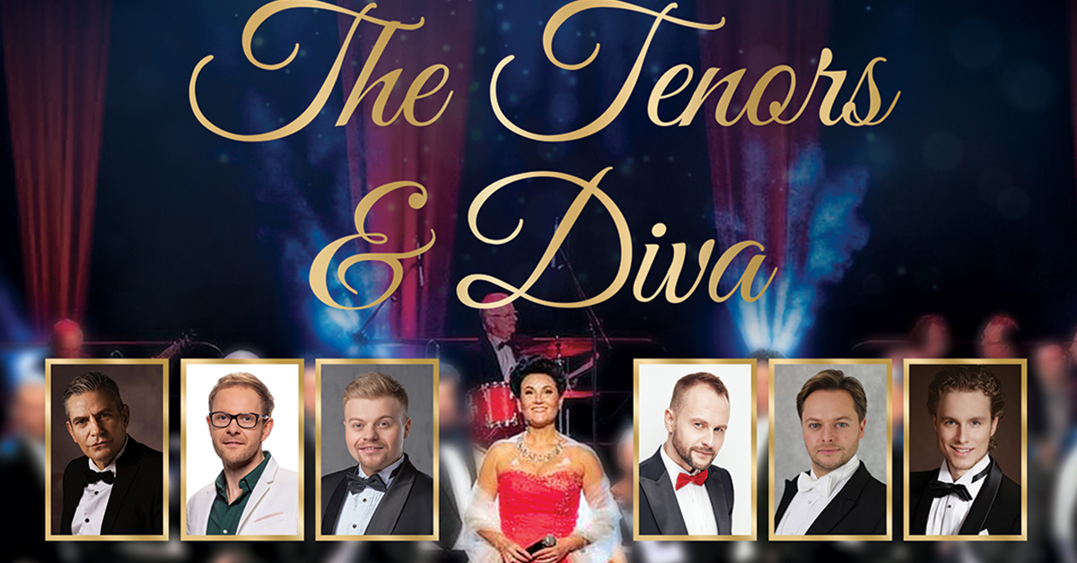Plakat zapraszający w niedzielę 8 lutego 2026 r. do Olsztyna na Koncert The Tenors & Diva Filharmonia Olsztyn 2026. 