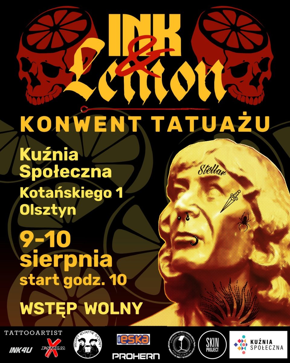Plakat zapraszający w dniach 9-10 sierpnia 2025 r. do Olsztyna na Konwent Tatuażu Olsztyn 2025. 