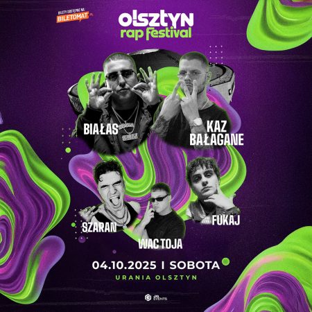 Plakat zapraszający w sobotę 4 października 2025 r. do Olsztyna na Olsztyn Rap Festival – Najgorętszy Hip-Hopowy Wieczór Roku! Olsztyn 2025.