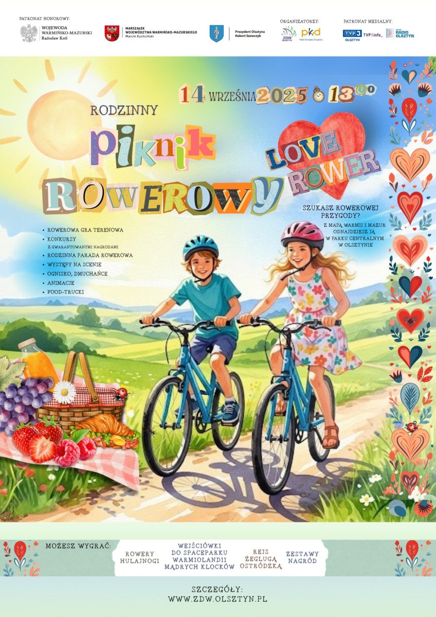 Plakat zapraszający w niedzielę 14 września 2025 r. do Olsztyna na Rodzinny Piknik Rowerowy Olsztyn 2025. 