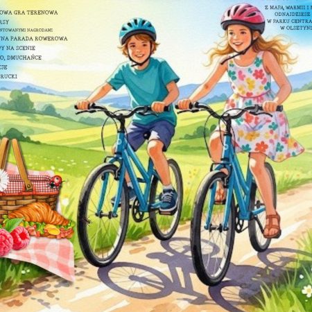 Plakat zapraszający w niedzielę 14 września 2025 r. do Olsztyna na Rodzinny Piknik Rowerowy Olsztyn 2025. 