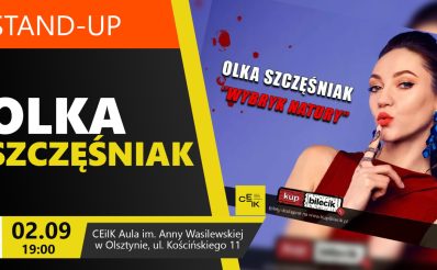Plakat zapraszający we wtorek 2 września 2025 r. do Olsztyna na Stand Up Olka Szczęśniak "Wybryk natury" Olsztyn 2025.