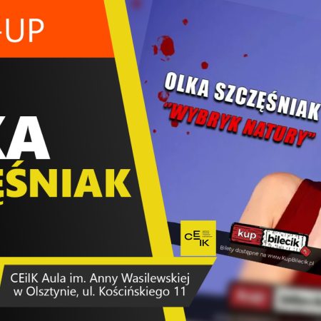 Plakat zapraszający we wtorek 2 września 2025 r. do Olsztyna na Stand Up Olka Szczęśniak "Wybryk natury" Olsztyn 2025.
