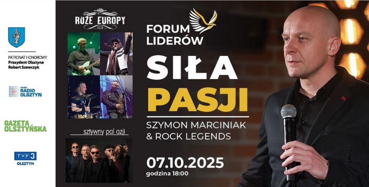 Plakat zapraszający we wtorek 7 października 2025 r. do Olsztyna na Stand-up Siła Pasji - Szymon Marciniak & Legendy Polskiego Rocka Olsztyn 2025.