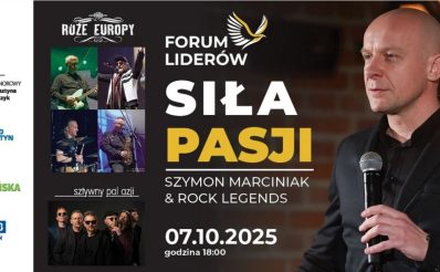 Plakat zapraszający we wtorek 7 października 2025 r. do Olsztyna na Stand-up Siła Pasji - Szymon Marciniak & Legendy Polskiego Rocka Olsztyn 2025.