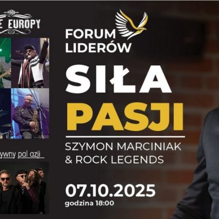 Plakat zapraszający we wtorek 7 października 2025 r. do Olsztyna na Stand-up Siła Pasji - Szymon Marciniak & Legendy Polskiego Rocka Olsztyn 2025.