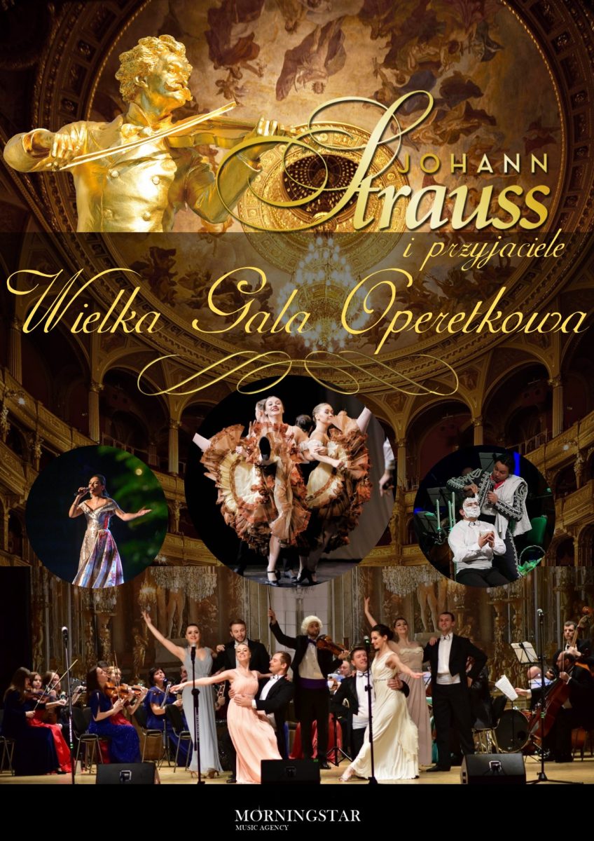 Plakat zapraszający w niedzielę 15 lutego 2026 r. do Olsztyna na Koncert Wielka Gala Wiedeńska - Johann Strauss i Przyjaciele Filharmonia Olsztyn 2026. 