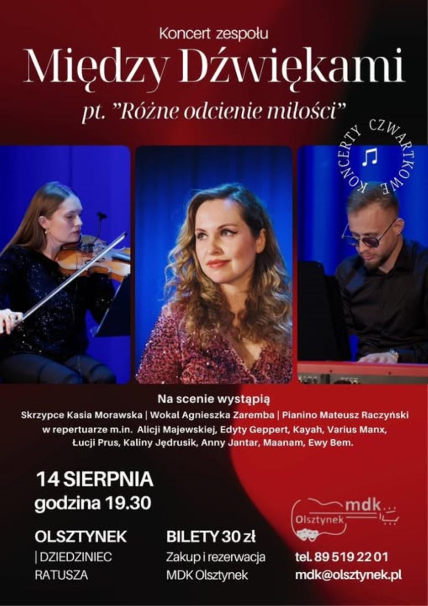 Plakat zapraszający w czwartek 14 sierpnia 2025 r. do Olsztynka na Letni Koncert Czwartkowy i występ zespołu Między Dźwiękami Olsztynek 2025.
