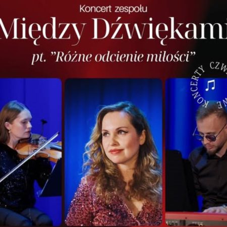 Plakat zapraszający w czwartek 14 sierpnia 2025 r. do Olsztynka na Letni Koncert Czwartkowy i występ zespołu Między Dźwiękami Olsztynek 2025.