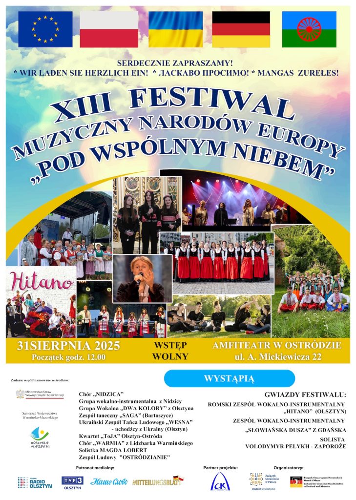 Plakat zapraszający w niedzielę 31 sierpnia 2025 r. do Ostródy na Festiwal Narodów Europy „Pod Wspólnym Niebem” Ostróda 2025. 