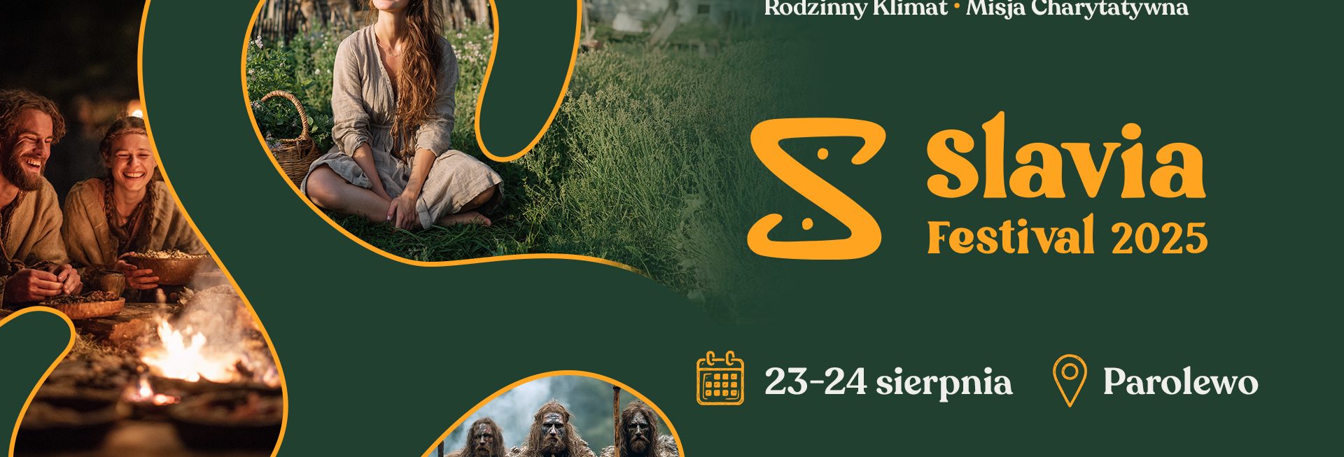 Plakaty zapraszający w dniach 23-24 sierpnia 2025 r. do miejscowości Parolewo w gminie Ostróda na Slavia Festival 2025 – Festiwal Słowiańskiej Kultury i Natury Parolewo k. Ostródy.