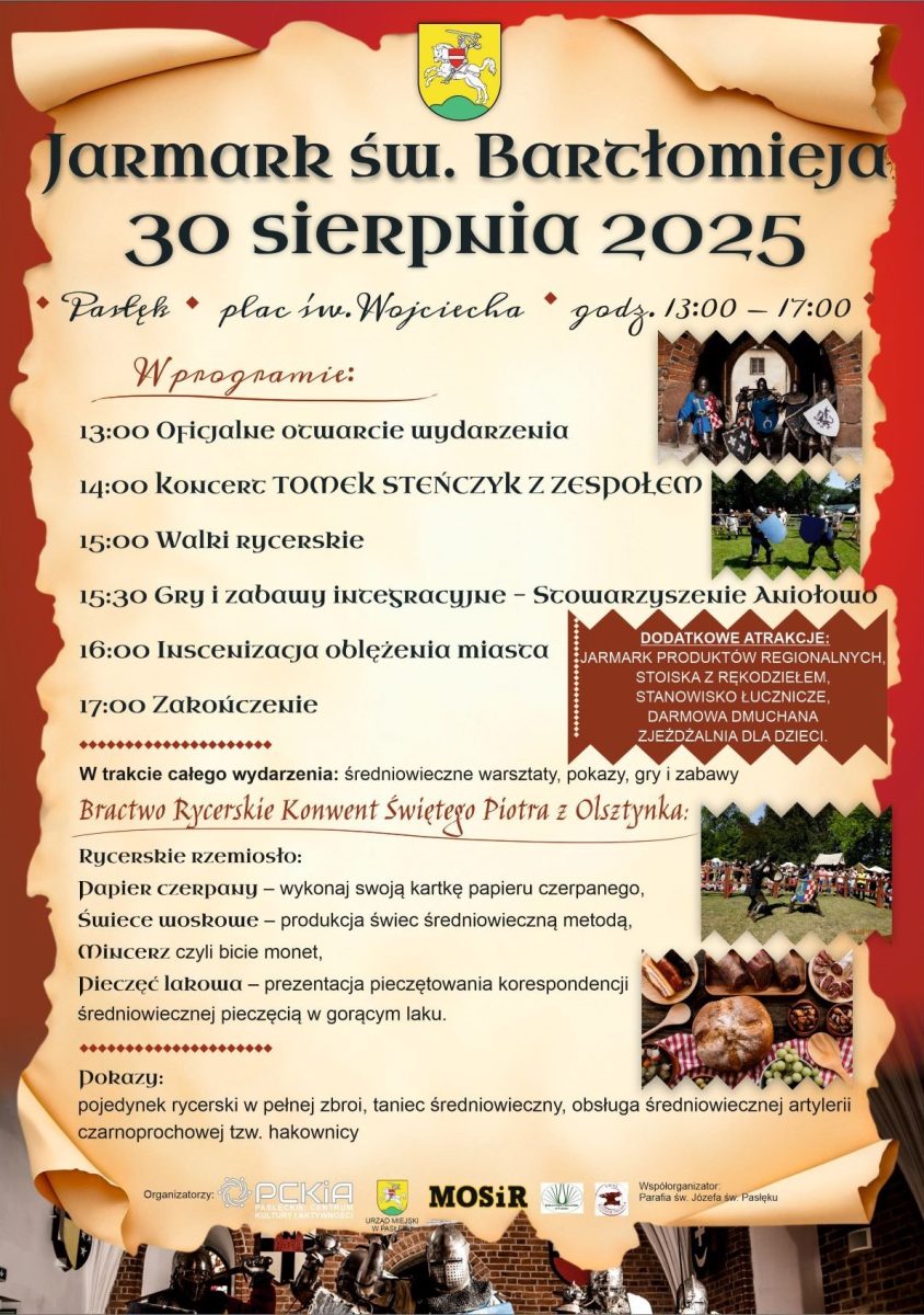 Plakat zapraszający w sobotę 30 sierpnia 2025 r. do Pasłęka na Jarmark św. Bartłomieja Pasłęk 2025. 