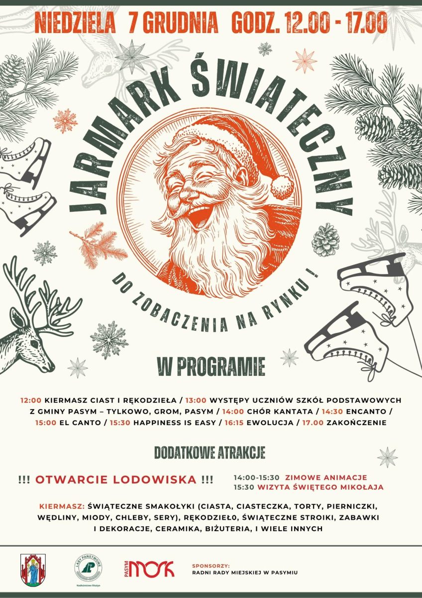Plakat zapraszający w niedzielę 7 grudnia 2025 r. do Pasymia na Jarmark Bożonarodzeniowy na Rynku w Pasymiu 2025.