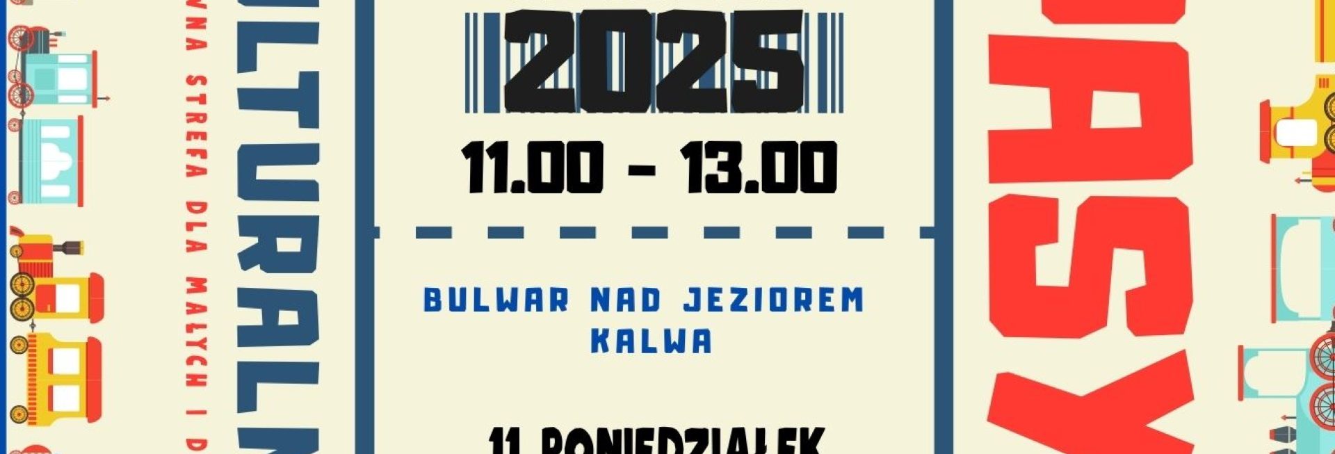 Plakat zapraszający w dniach 11-13 sierpnia 2025 r. do Pasymia na "Pociąg do Pasymia" - Kulturalna Strefa Relaksu Pasym 2025.
