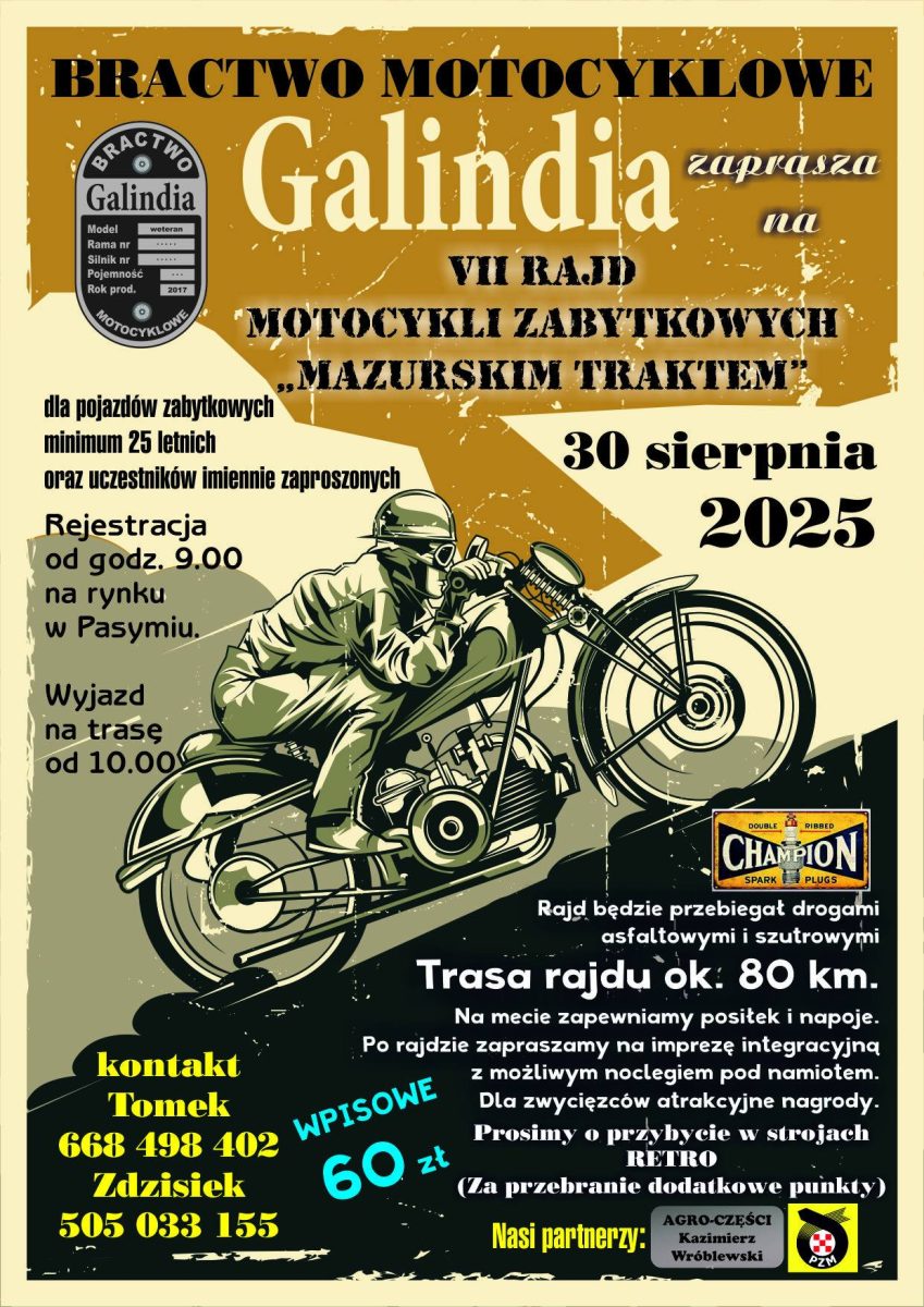 Plakat zapraszający w sobotę 30 sierpnia 2025 r. do Pasymia na Rajd Motocykli Zabytkowych "Mazurskim Traktem" Pasym 2025.