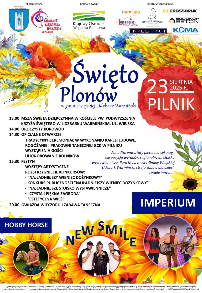 Plakat zapraszający w sobotę 23 sierpnia 2025 r. do miejscowości Pilnik w gminie Lidzbark Warmiński na Święto Plonów w Gminie Lidzbark Warmiński Pilnik 2025.