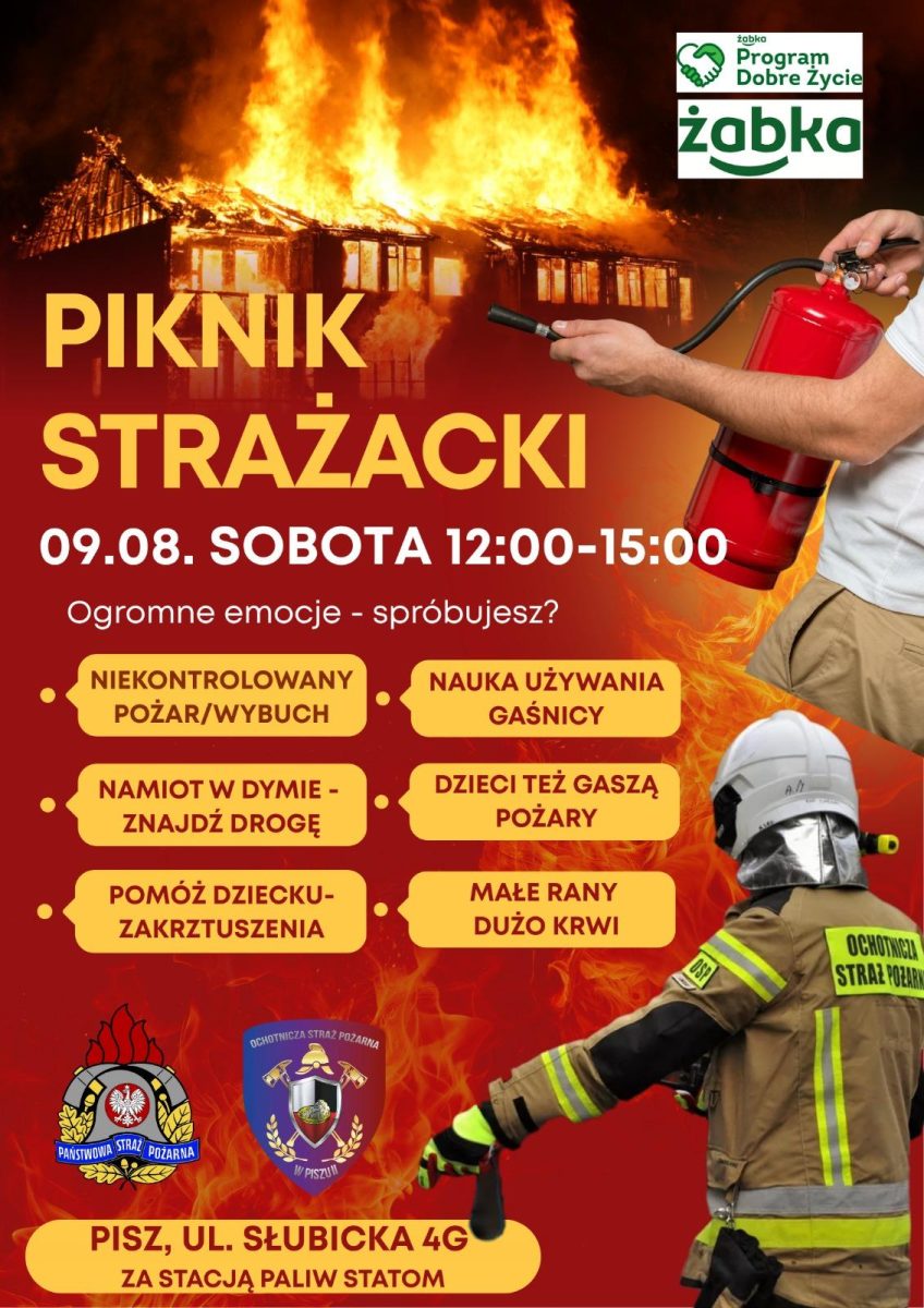 Plakat zapraszający w sobotę 9 sierpnia 2025 r. do Pisza na Piknik Strażacki Pisz 2025.  