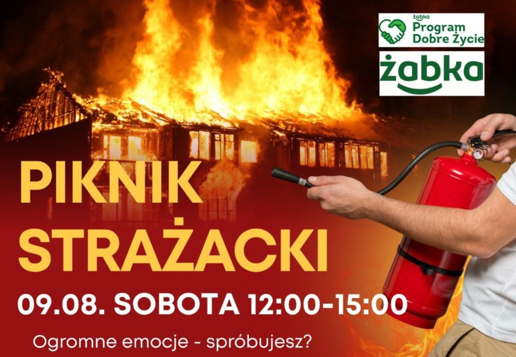 Plakat zapraszający w sobotę 9 sierpnia 2025 r. do Pisza na Piknik Strażacki Pisz 2025.  