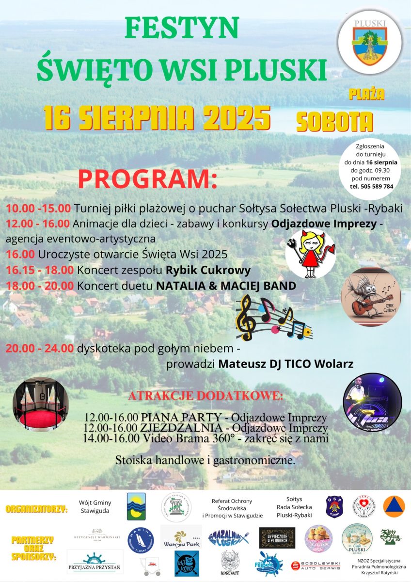 Plakat zapraszający w sobotę 16 sierpnia 2025 r. do miejscowości Pluski w gminie Stawiguda na Festyn Święto Wsi Pluski 2025.