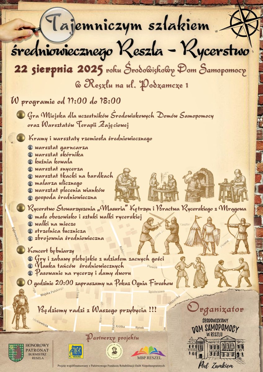 Plakat zapraszający w piątek 22 sierpnia 2025 r. do Reszla na Festyn Tajemniczy Szlak Średniowiecznego Reszla – Rycerstwo Reszel 2025. 
