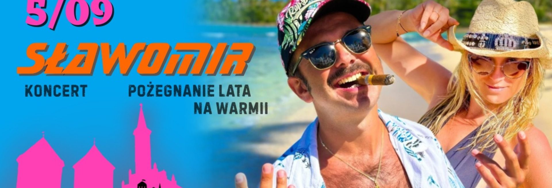 Plakat zapraszający w piątek 5 września 2025 r. do Reszla na koncert "Pożegnanie Lata w Warmii" Sławomir Zamek Reszel 2025.