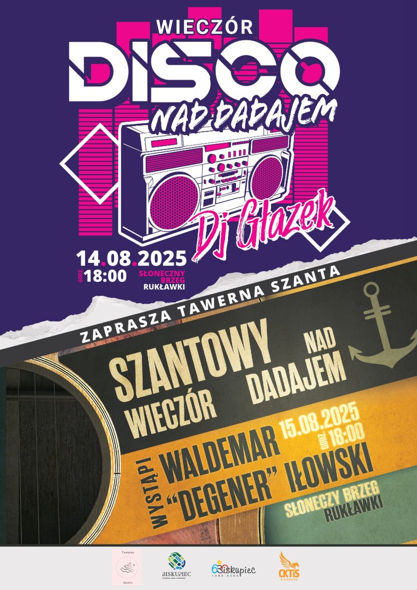 Plakat zapraszający w dniach 14-15 sierpnia 2025 r. do miejscowości Rukławki na Wieczór Disco Nad Dadajem Rukławki 2025.