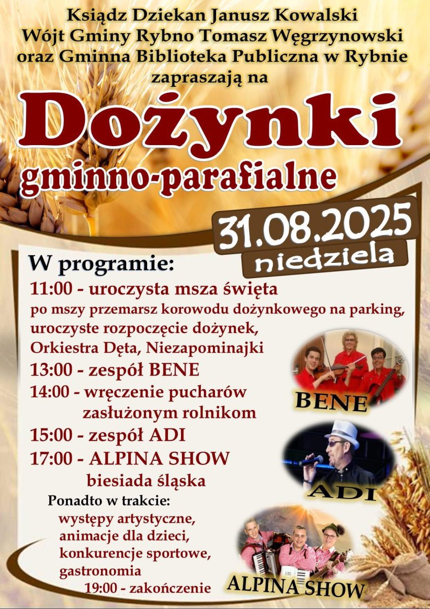 Plakat zapraszający w niedzielę 31 sierpnia 2025 r. do Rybna w powiecie działdowskim na Dożynki Gminno-Parafialne Rybno k. Działdowa 2025. 