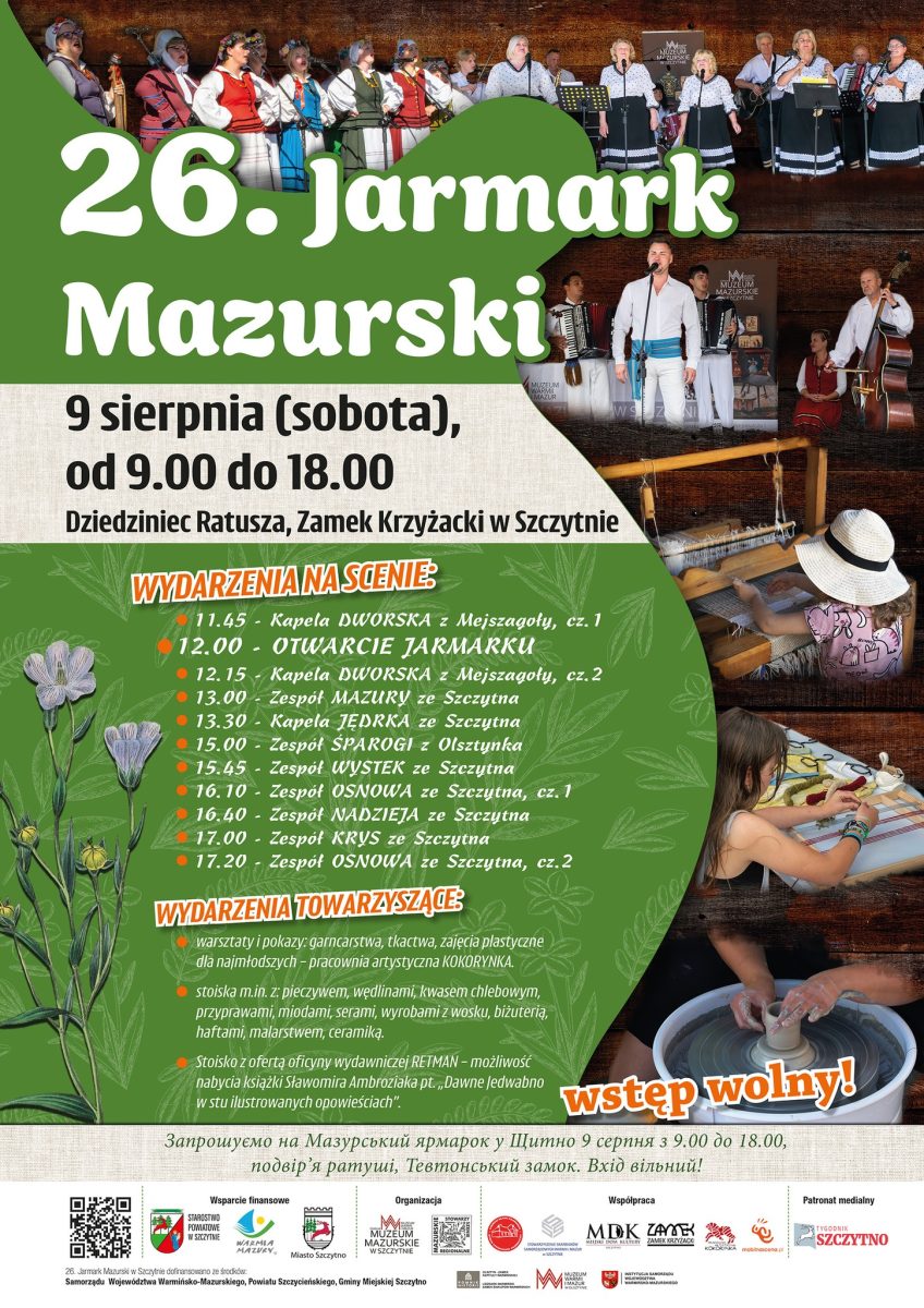 Plakat zapraszający w sobotę 9 sierpnia 2025 r. do Szczytna na Jarmark Mazurski Szczytno 2025.